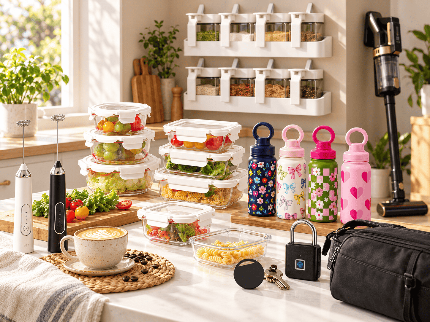 SAMATIFY smart home and lifestyle products including cordless vacuum, food storage containers, insulated bottles, smart tag and kitchen accessories