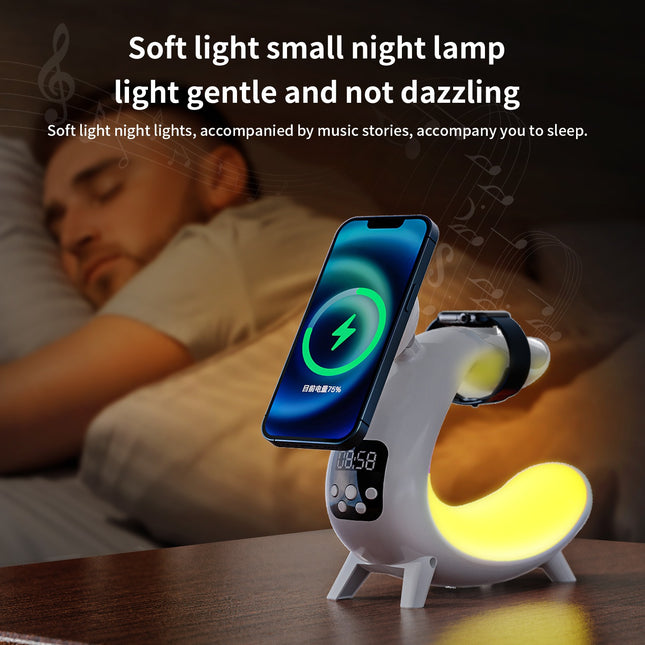 Y18 6-in-1 wireless charger with clock, Bluetooth speaker, night light