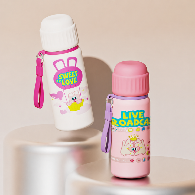 Two cute water bottles displayed on a minimalist beige platform. The left bottle is white with a pink cap and strap, featuring a cartoon bunny and the text 'SWEET LOVE'.