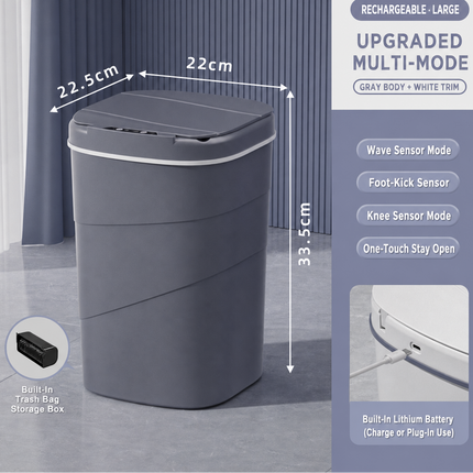 SAMATIFY upgraded multi-mode large gray trash can with white trim, shown with dimension annotations (22.5cm, 22cm, 33.
