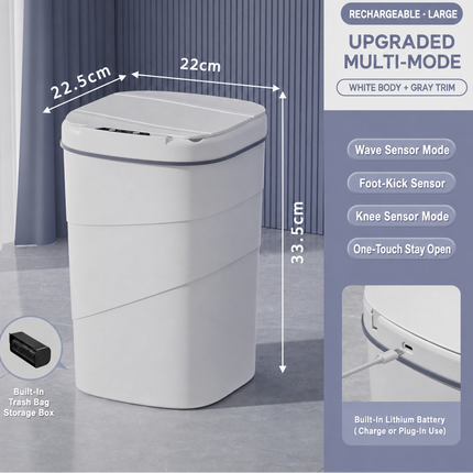 A large white smart trash can with gray trim, shown with overlaid dimension labels (22.5 cm, 22 cm, 33.