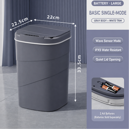 SAMATIFY large gray single-mode trash can with white trim, shown with dimension annotations (22.5 cm width, 22 cm lid opening, 33.