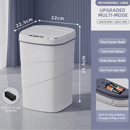 SAMATIFY upgraded multi-mode trash can with white body and gray trim, shown with dimension annotations (22.5cm, 22cm, 33.
