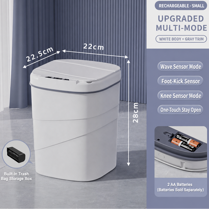 A SAMATIFY smart trash can shown in a clean interior-style render with measurement callouts, feature text on the right, and a small inset showing the built-in trash bag storage box.