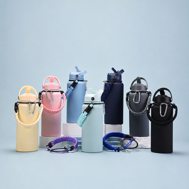 1 L Stainless Steel Thermos Bottle with Straw and Braided Strap