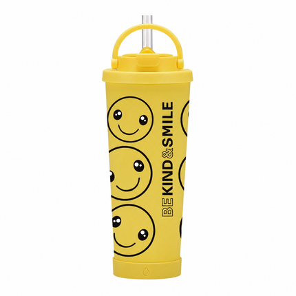 Yellow Smiley Stainless Steel Thermos Cup with Straw - 500–1000 mL