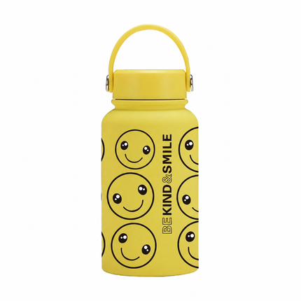 Yellow Smiley Stainless Steel Thermos Cup with Straw - 500–1000 mL