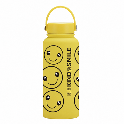 Yellow Smiley Stainless Steel Thermos Cup with Straw - 500–1000 mL