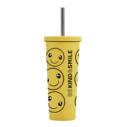 A yellow insulated tumbler with a matching yellow lid and a stainless steel straw. The tumbler features a black line-art smiley face pattern and the vertical text 'BE KIND & SMILE' printed on the side.