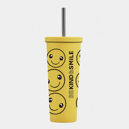 Yellow Smiley Stainless Steel Thermos Cup with Straw - 500–1000 mL