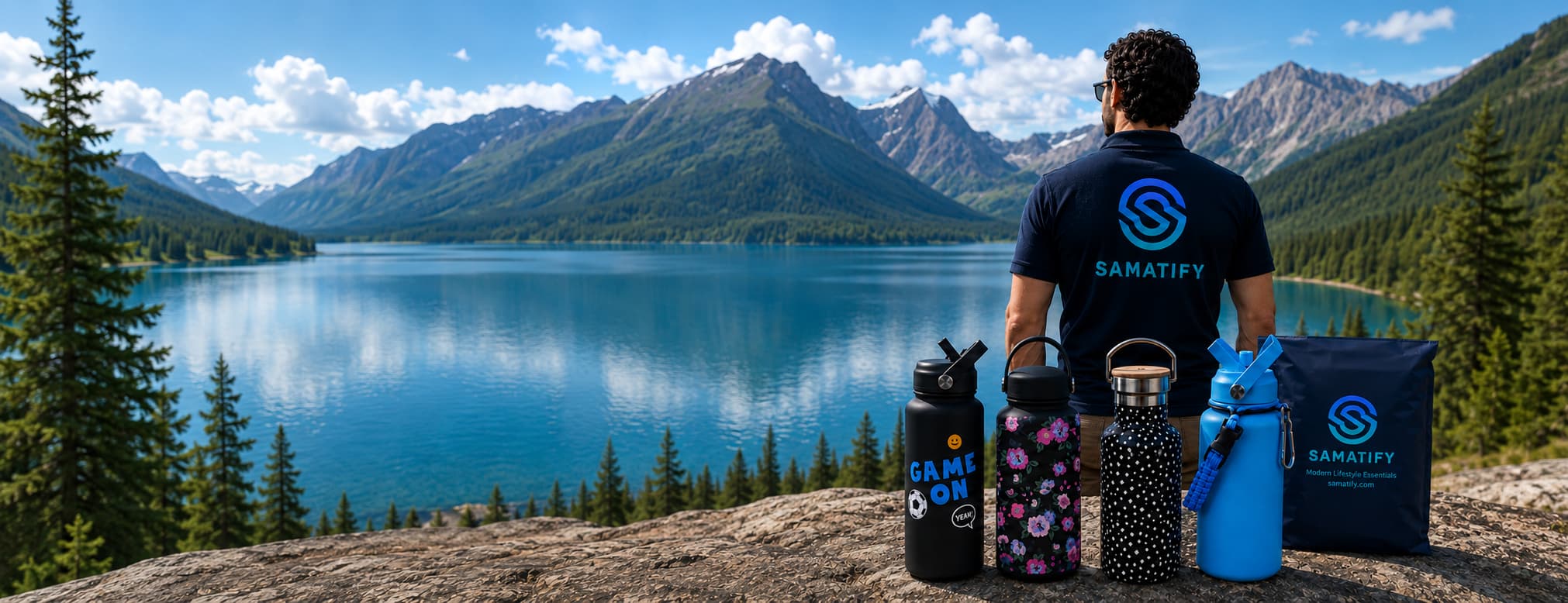 SAMATIFY insulated water bottles beside a mountain lake