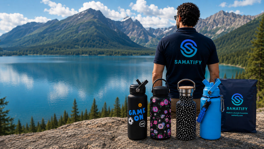 SAMATIFY insulated water bottles beside a mountain lake