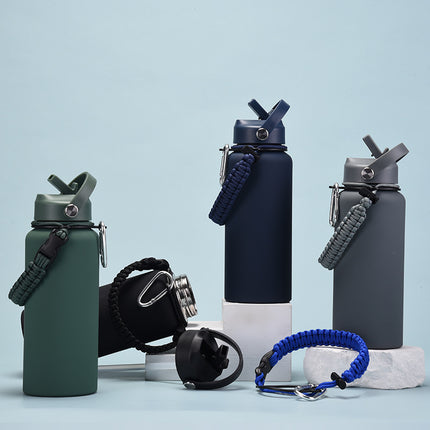 1 L Stainless Steel Thermos Bottle with Straw and Braided Strap