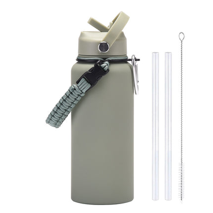 1 L Stainless Steel Thermos Bottle with Straw and Braided Strap