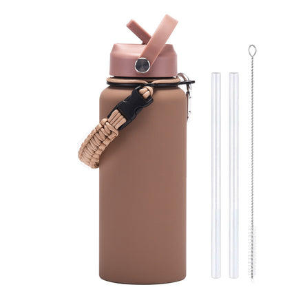 1 L Stainless Steel Thermos Bottle with Straw and Braided Strap
