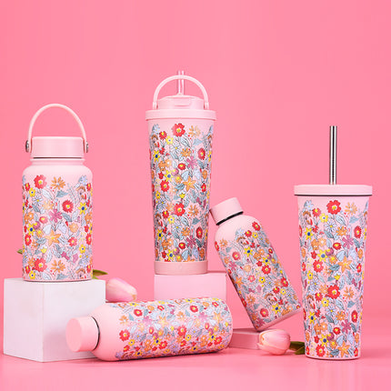 Printed Wide-Mouth Stainless Steel Thermos Cup with Straw - 350–1000 mL
