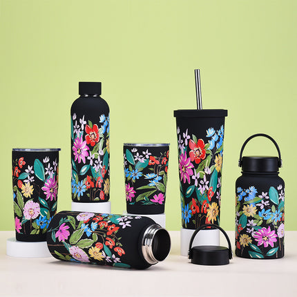 Black and White Stainless Steel Thermos Cup with Straw - 350–1000 mL