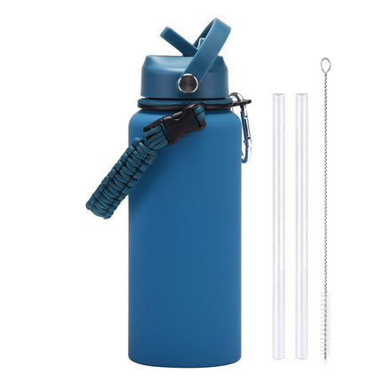 1 L Stainless Steel Thermos Bottle with Straw and Braided Strap