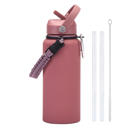 1 L Stainless Steel Thermos Bottle with Straw and Braided Strap