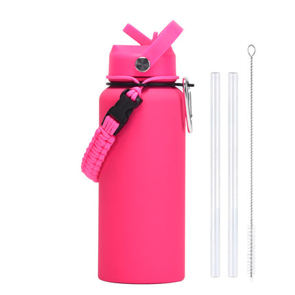 1 L Stainless Steel Thermos Bottle with Straw and Braided Strap