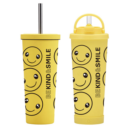 Yellow Smiley Stainless Steel Thermos Cup with Straw - 500–1000 mL