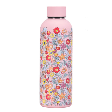 Pink thermos bottle with floral pattern on a white background