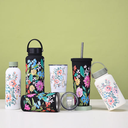 White Printed Stainless Steel Thermos Cup with Straw - 350–1000 mL