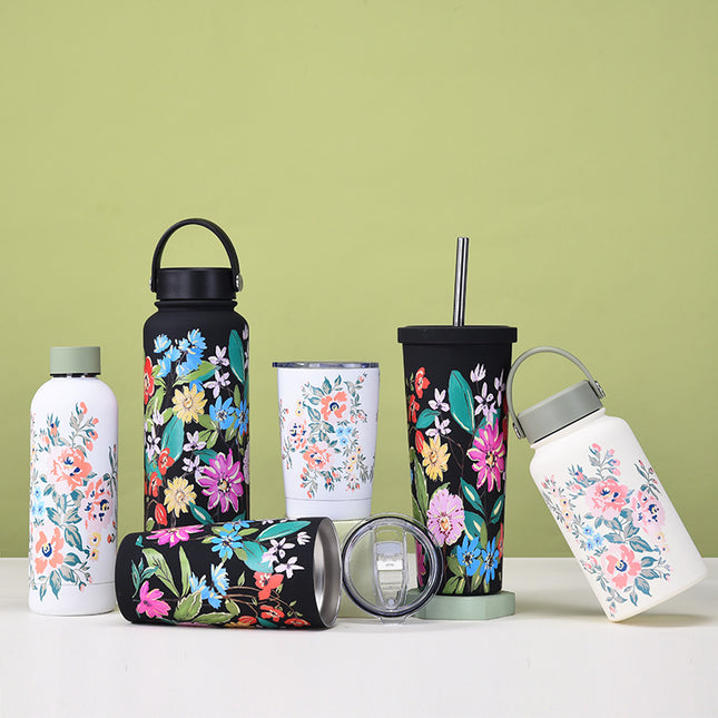 Black and White Stainless Steel Thermos Cup with Straw - 350–1000 mL