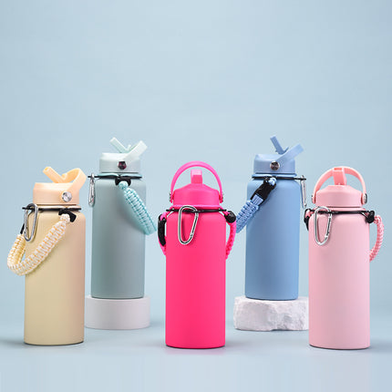 1 L Stainless Steel Thermos Bottle with Straw and Braided Strap