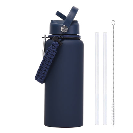 1 L Stainless Steel Thermos Bottle with Straw and Braided Strap