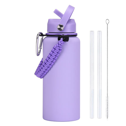 1 L Stainless Steel Thermos Bottle with Straw and Braided Strap