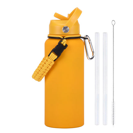 1 L Stainless Steel Thermos Bottle with Straw and Braided Strap