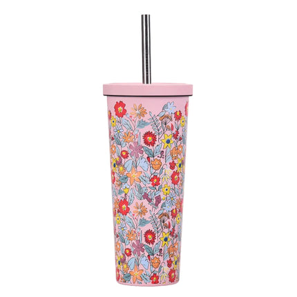 Floral-patterned tumbler with pink lid and straw on a white background