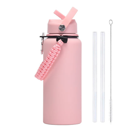 1 L Stainless Steel Thermos Bottle with Straw and Braided Strap