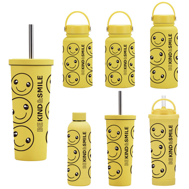 Yellow Smiley Stainless Steel Thermos Cup with Straw - 500–1000 mL