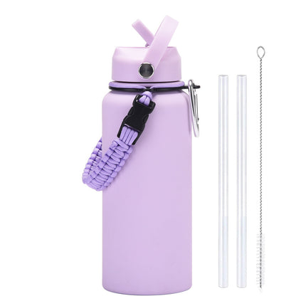 1 L Stainless Steel Thermos Bottle with Straw and Braided Strap