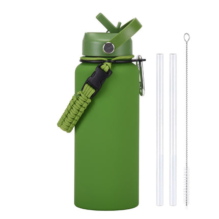 1 L Stainless Steel Thermos Bottle with Straw and Braided Strap