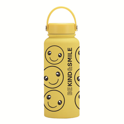 Yellow Smiley Stainless Steel Thermos Cup with Straw - 500–1000 mL