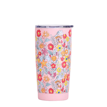 Floral-patterned tumbler with product details on a white background