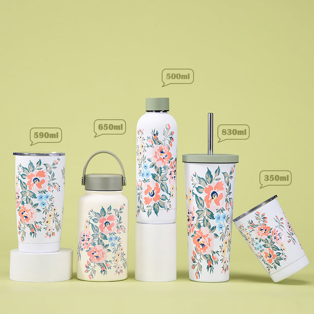 White Printed Stainless Steel Thermos Cup with Straw - 350–1000 mL