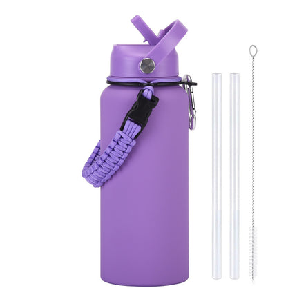 1 L Stainless Steel Thermos Bottle with Straw and Braided Strap