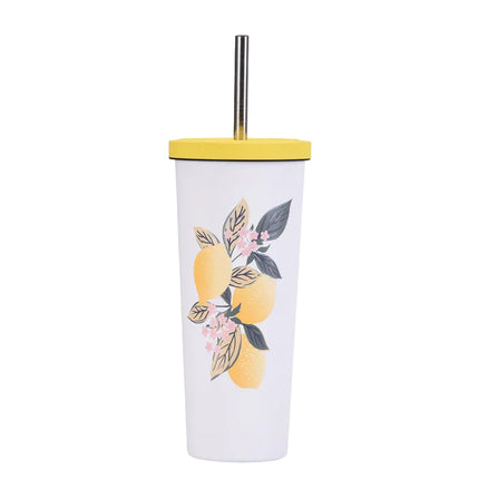Tumbler with lemon design and yellow lid on a white background