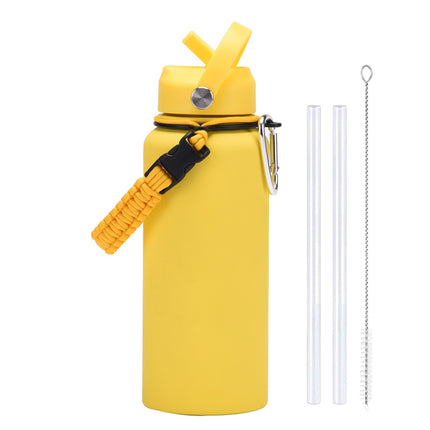 1 L Stainless Steel Thermos Bottle with Straw and Braided Strap