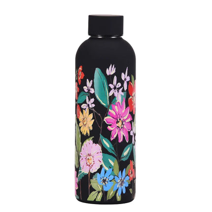 Black thermos bottle with colorful floral design on a white background