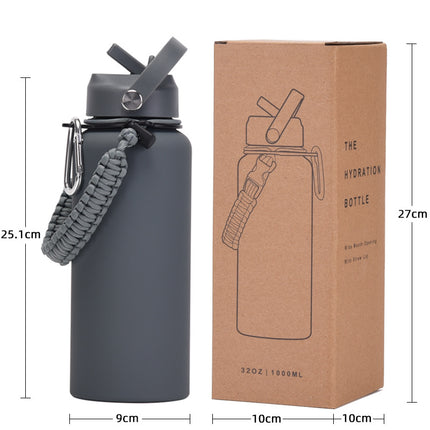 1 L Stainless Steel Thermos Bottle with Straw and Braided Strap