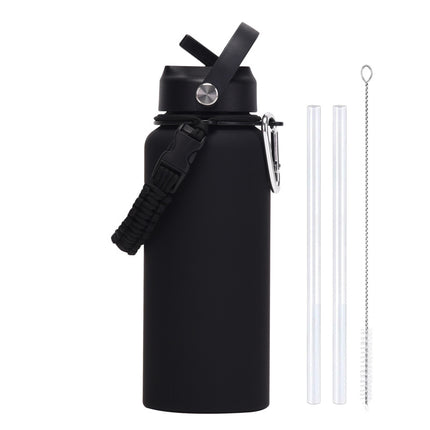 1 L Stainless Steel Thermos Bottle with Straw and Braided Strap
