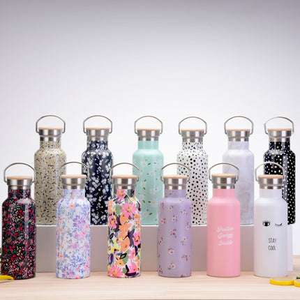500 mL Printed Stainless Steel Thermos Bottle with Bamboo Lid
