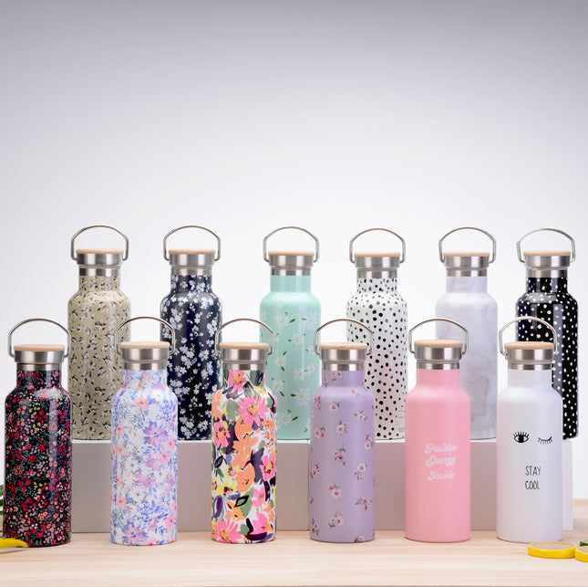500 mL Printed Stainless Steel Thermos Bottle with Bamboo Lid