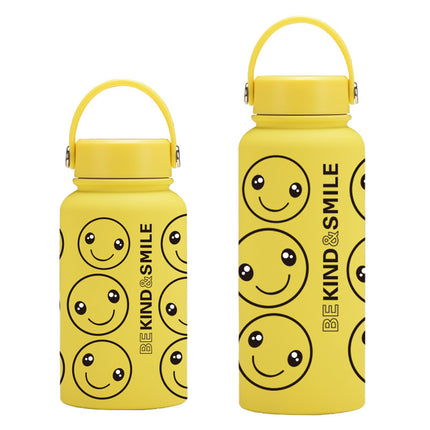 Yellow Smiley Stainless Steel Thermos Cup with Straw - 500–1000 mL