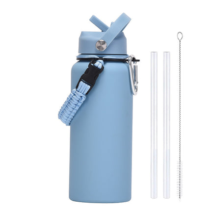1 L Stainless Steel Thermos Bottle with Straw and Braided Strap